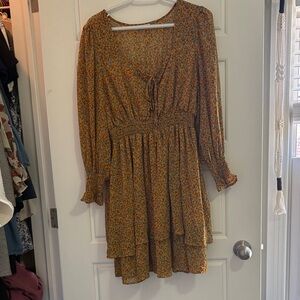 Suzy Shier Mustard Floral Long Sleeve Tiered Dress